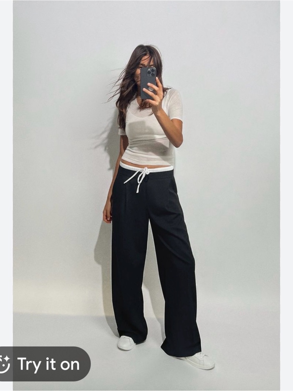 Zara Black Wide-Leg Drawstring Trousers with White Tie